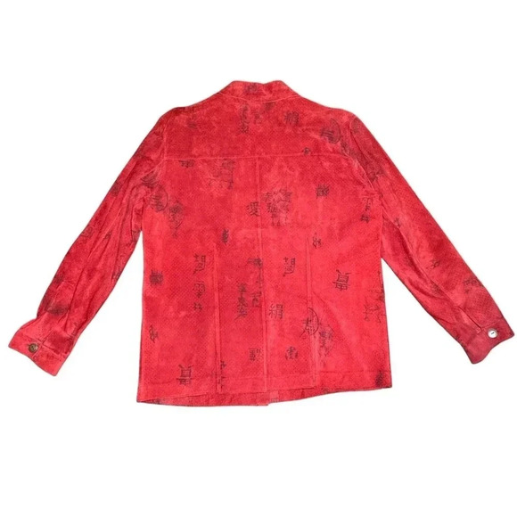 CHICO'S Leather Suede Shirt Jacket Womens Size 1 (Medium) Red Black Asian Print - Picture 2 of 8